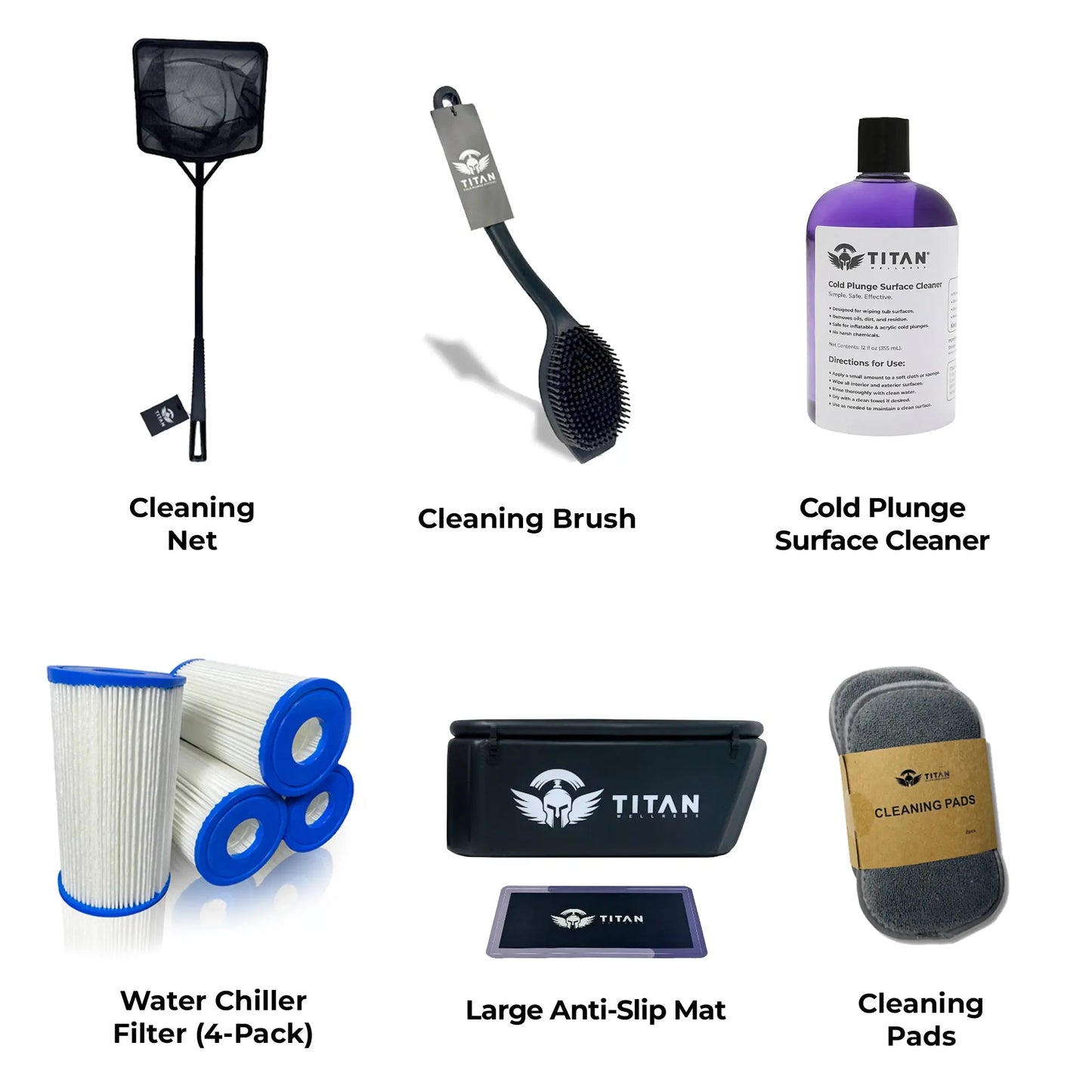 Collection of Titan Wellness cold plunge maintenance accessories, featuring a cleaning net, scrub brush, surface cleaner bottle, water chiller filter 4-pack, large anti-slip mat, and cleaning pads for proper home ice bath care.