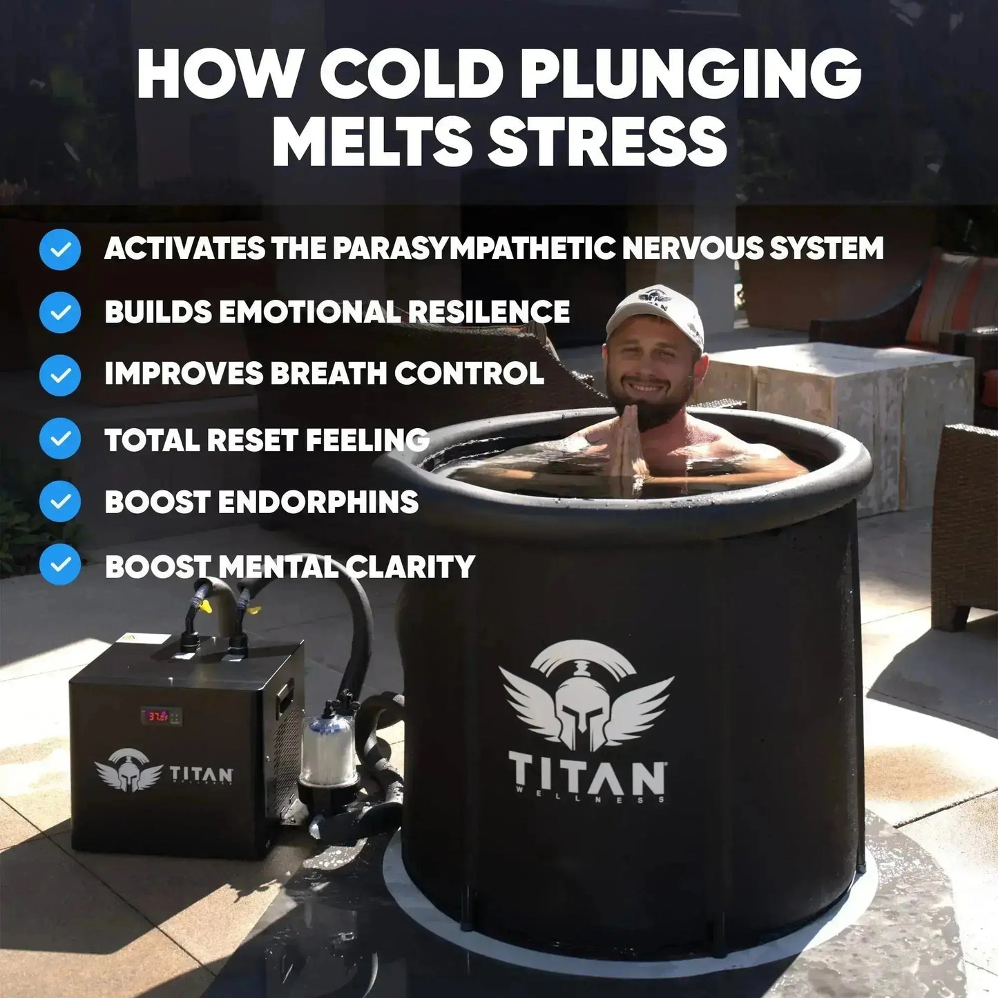 Man in Titan Bravo cold plunge with chiller on patio, graphic How Cold Plunging Melts Stress highlighting endorphins, breath control, mental clarity