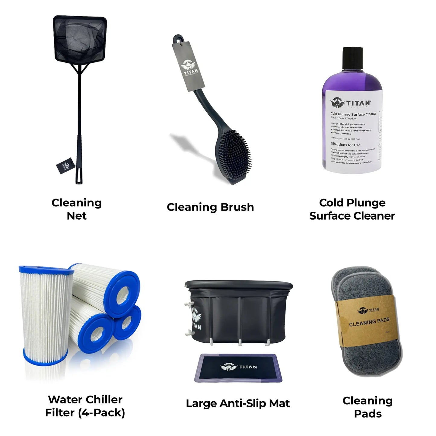 Collection of Titan Wellness cold plunge maintenance accessories, featuring a cleaning net, scrub brush, surface cleaner bottle, water chiller filter 4-pack, large anti-slip mat, and cleaning pads for proper home ice bath care.