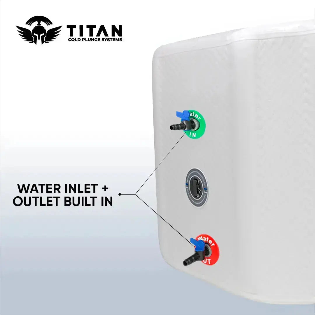 Inflatable cold plunge tub with built in water inlet and outlet connections for chiller system
