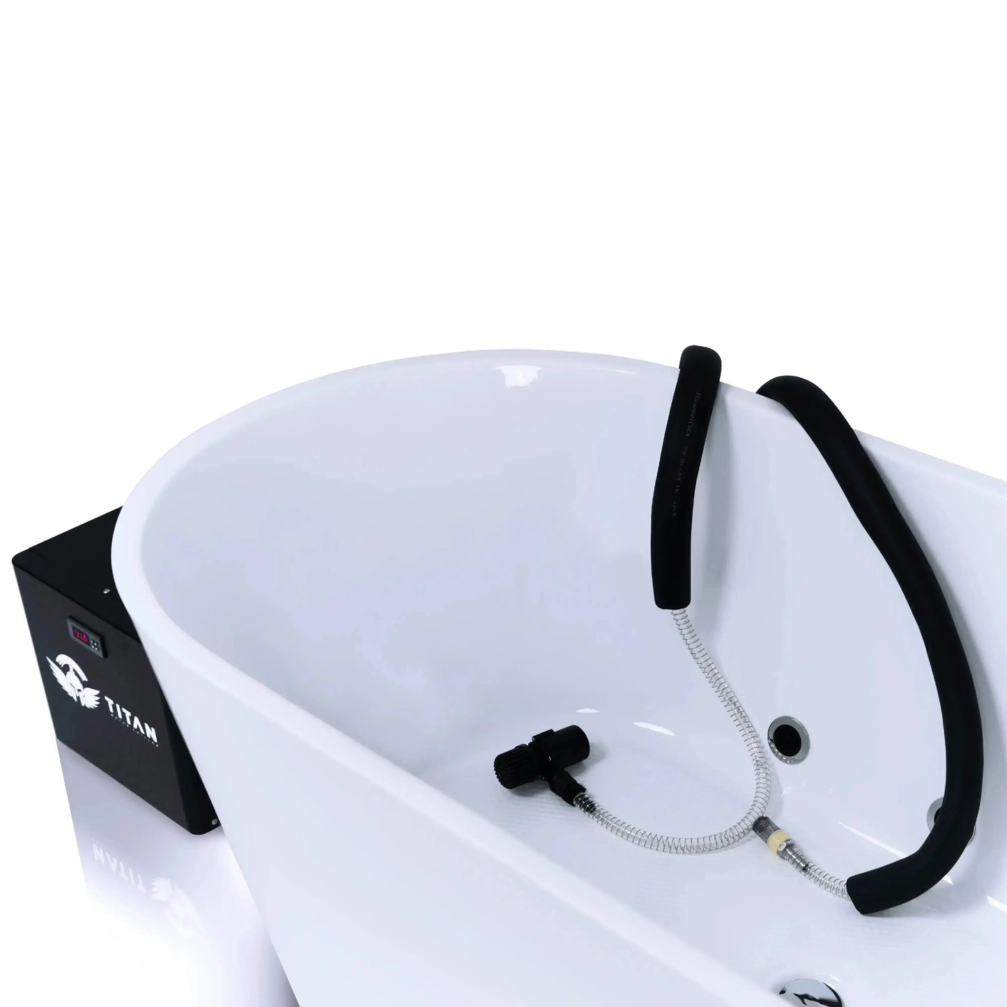 Titan Universal Ice Bath Chiller hoses inside freestanding bathtub, submersible pump and return filter connected to 1/3 HP unit