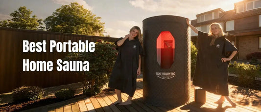 Titan Duo-Therapy Pro portable home sauna set up outdoors on a wooden deck with infrared and steam functions