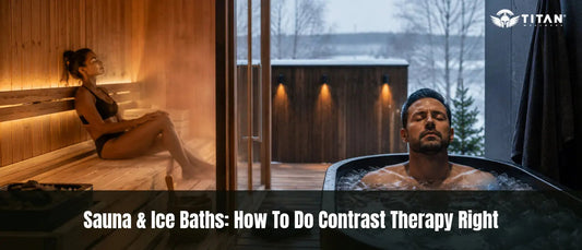 Woman relaxing in wooden sauna next to man in Titan Wellness cold plunge tub outdoors, demonstrating contrast therapy with sauna and ice bath