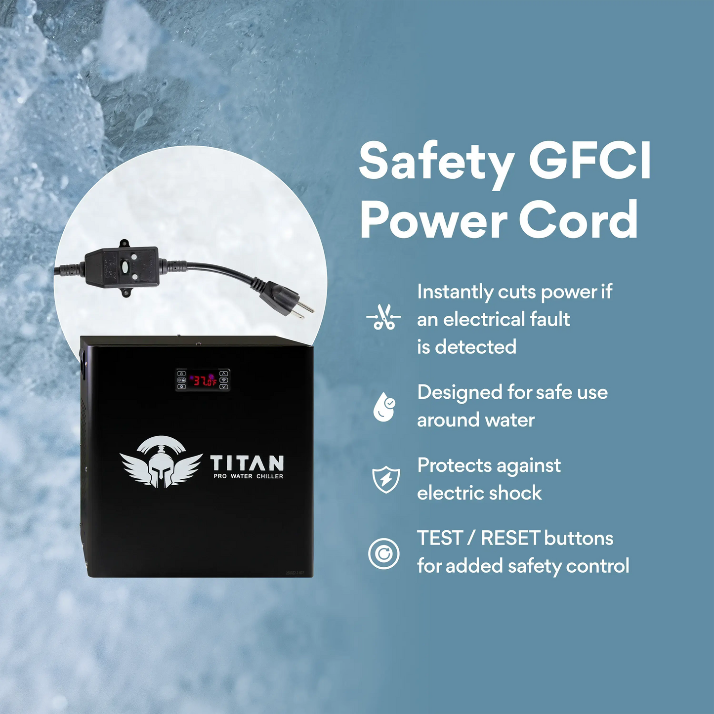 1/2 HP Titan Pro water chiller with GFCI power cord safety protection electric shock prevention cold plunge system