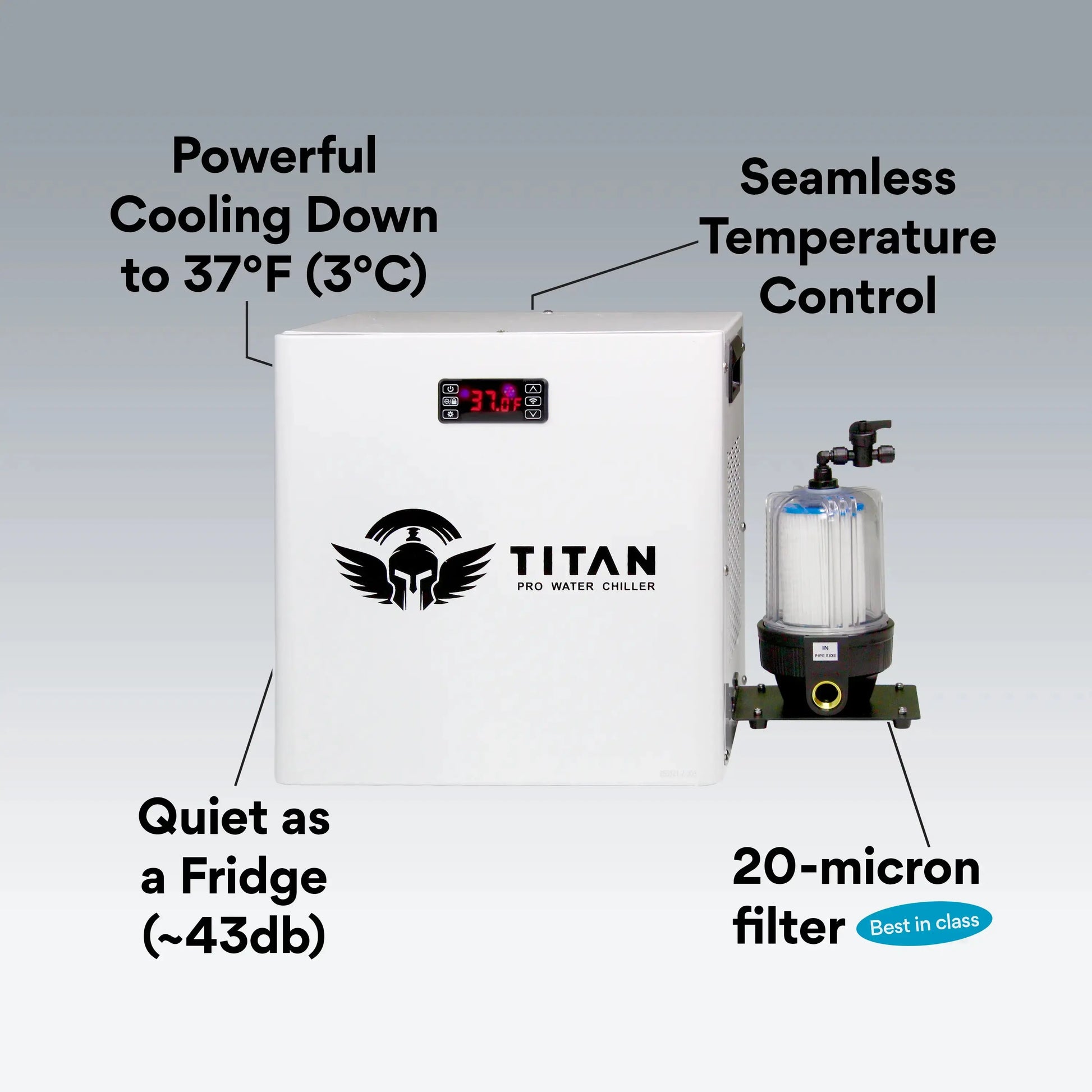 1/2 HP Titan Pro water chiller white with 20 micron filter cooling to 37°F quiet operation seamless temperature control cold plunge system