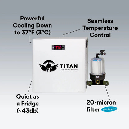 1/2 HP Titan Pro water chiller white with 20 micron filter cooling to 37°F quiet operation seamless temperature control cold plunge system