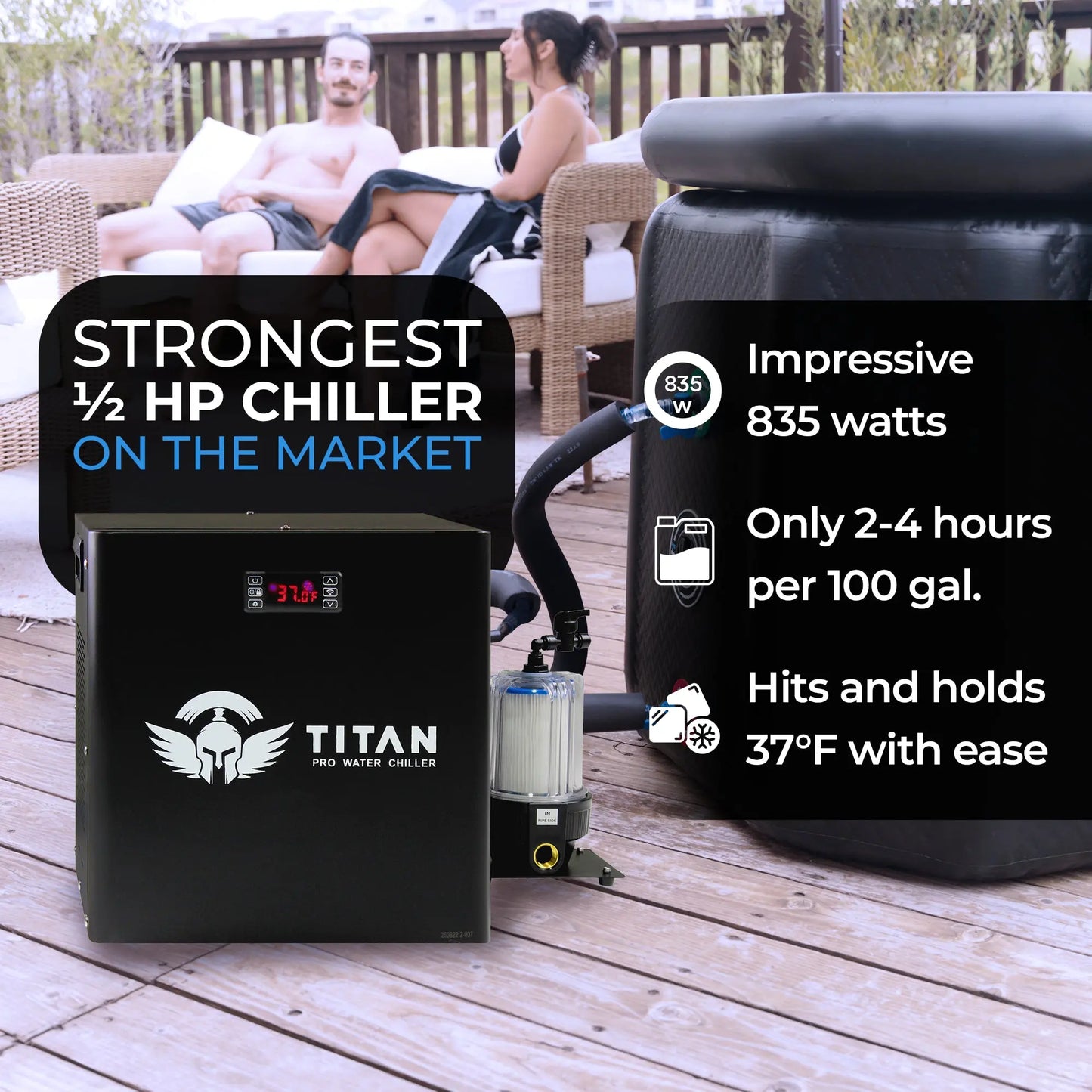 1/2 HP Titan Pro water chiller 1400W fastest cooling cold plunge system 2 to 4 hours per 100 gallons maintains 37°F outdoor setup