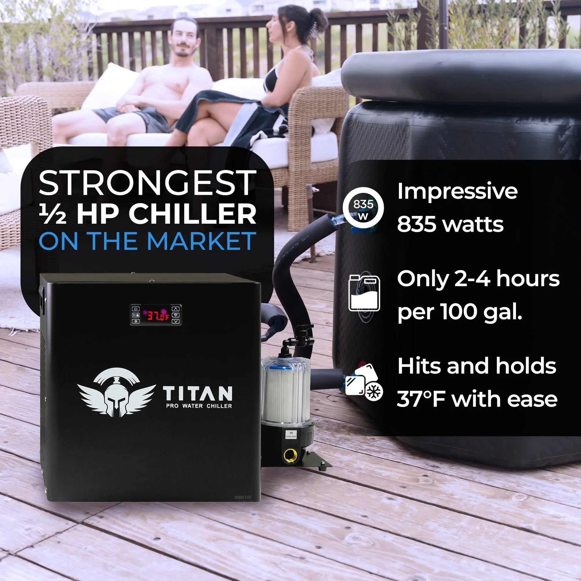 1/2 HP Titan Pro water chiller 1400W fastest cooling cold plunge system 2 to 4 hours per 100 gallons maintains 37°F outdoor setup