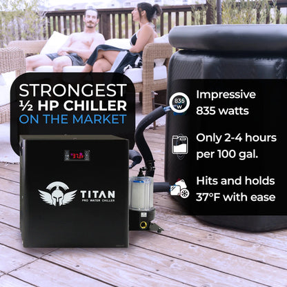 1/2 HP Titan Pro water chiller 1400W fastest cooling cold plunge system 2 to 4 hours per 100 gallons maintains 37°F outdoor setup