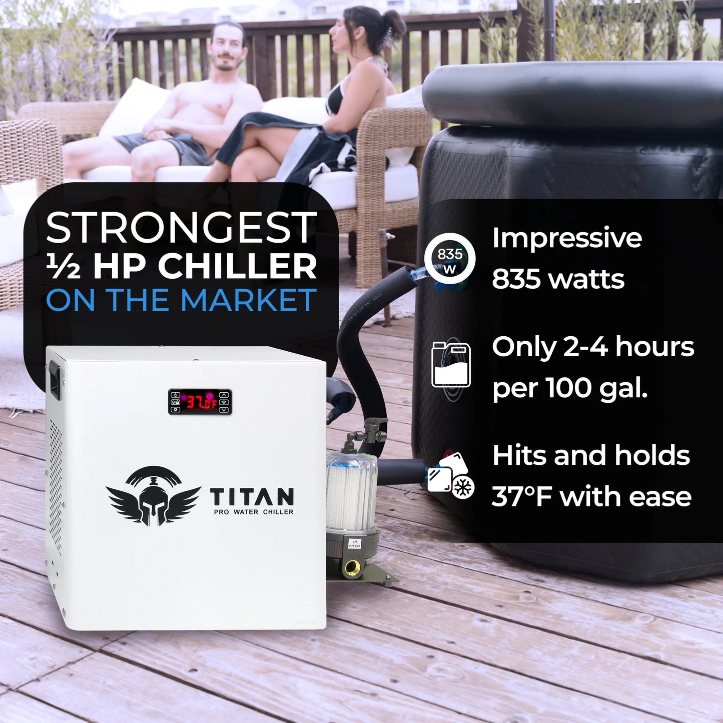 1/2 HP Titan Pro water chiller white 1400W fast cooling cold plunge system 2 to 4 hours per 100 gallons maintains 37°F outdoor setup