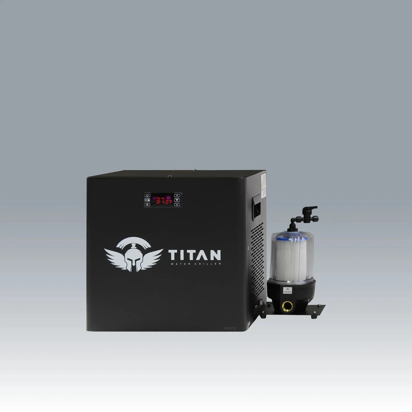 Black 1/3 HP universal cold plunge chiller unit by Titan Wellness for temperature controlled ice baths.