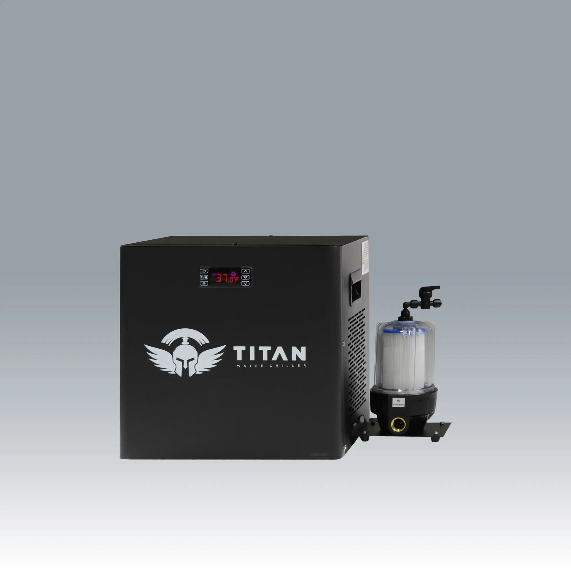 Black 1/3 HP universal cold plunge chiller unit by Titan Wellness for temperature controlled ice baths.