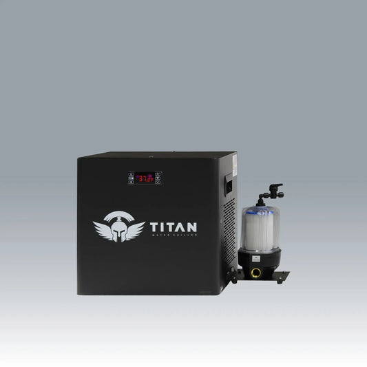 Black 1/3 HP universal cold plunge chiller unit by Titan Wellness for temperature controlled ice baths.