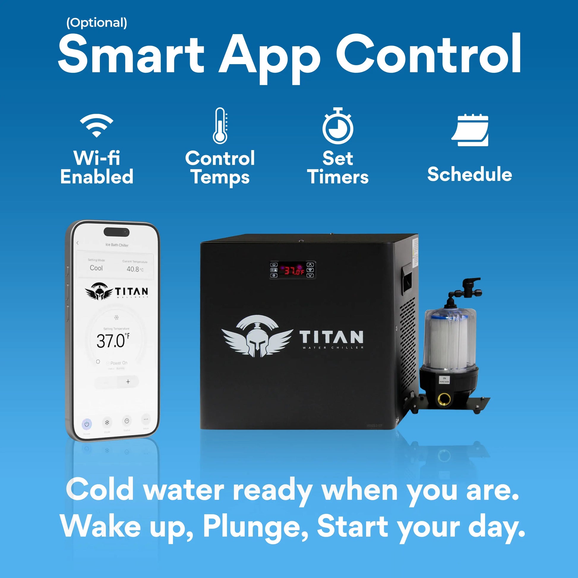 1/3 HP Titan water chiller with smart app control WiFi temperature control timers scheduling 20 micron filter cold plunge system