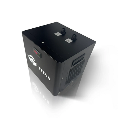 Titan 1/3 HP cold plunge chiller, black housing, top IN and OUT ports, digital temp display, side vent and handle, 3/4 view 