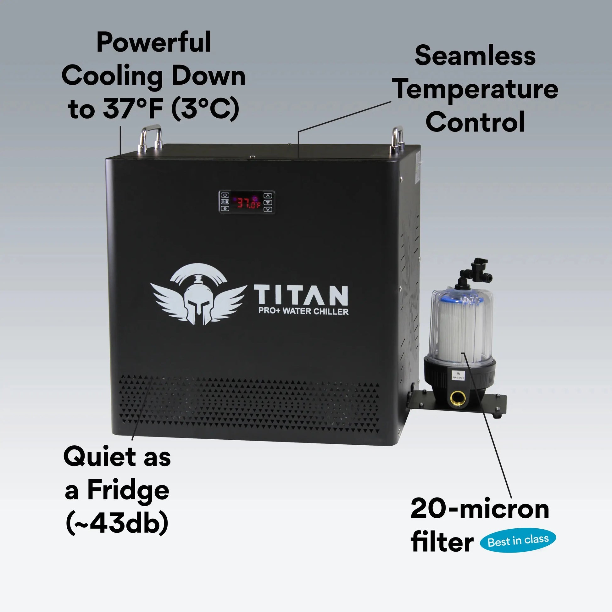 1 HP cold plunge chiller with powerful cooling to 37°F quiet operation and 20 micron filtration Titan Pro Plus system