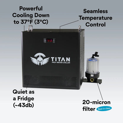 1 HP cold plunge chiller with powerful cooling to 37°F quiet operation and 20 micron filtration Titan Pro Plus system