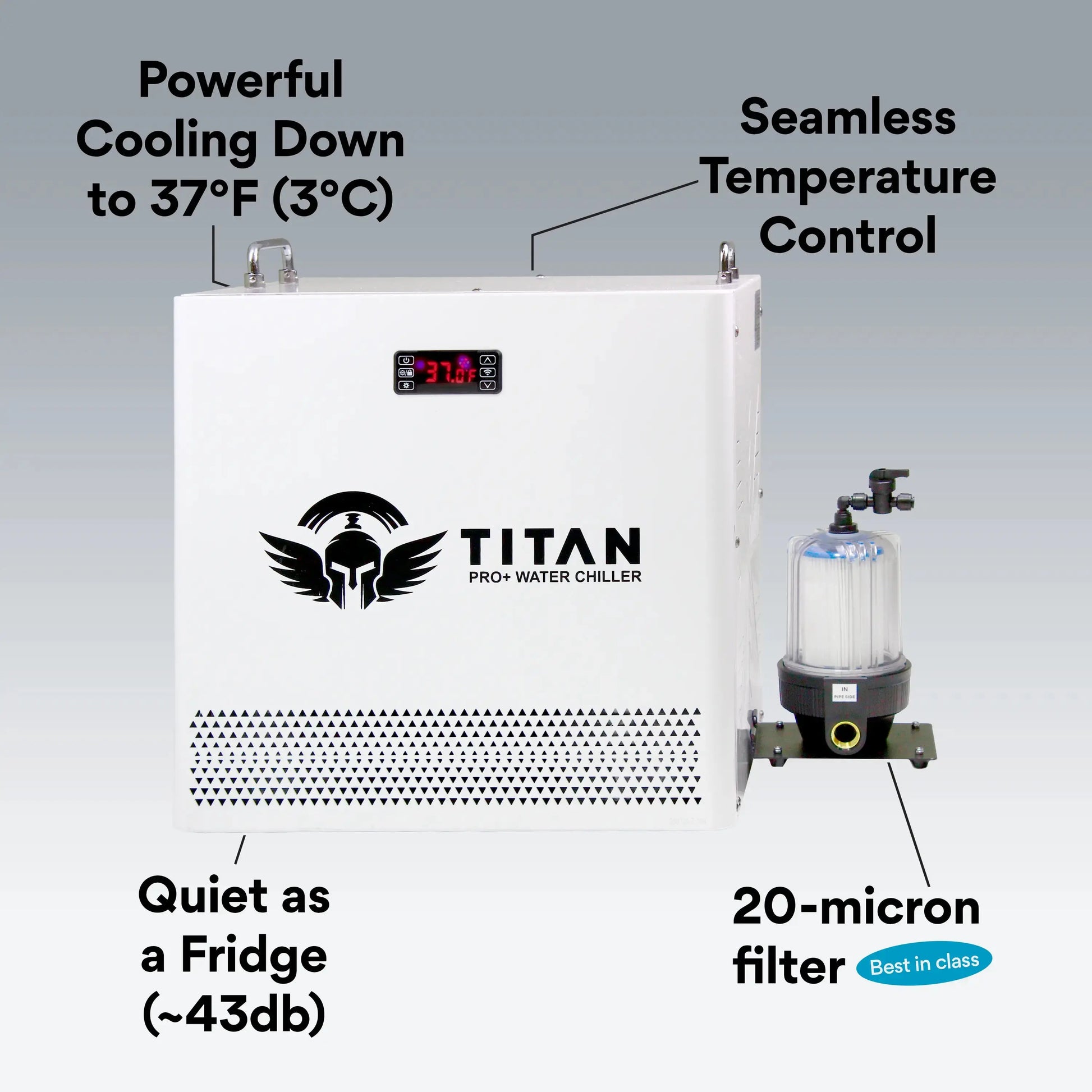 1 HP white cold plunge chiller with powerful cooling to 37°F quiet operation and 20 micron filtration Titan Pro Plus system
