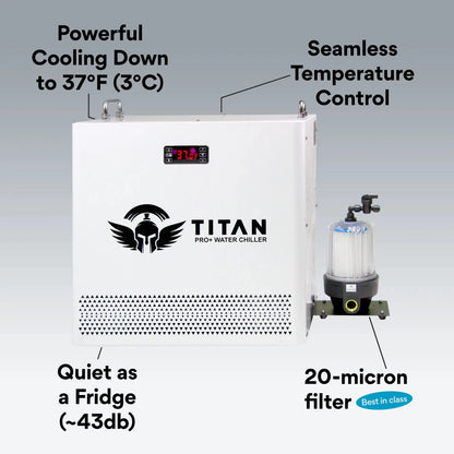 1 HP white cold plunge chiller with powerful cooling to 37°F quiet operation and 20 micron filtration Titan Pro Plus system