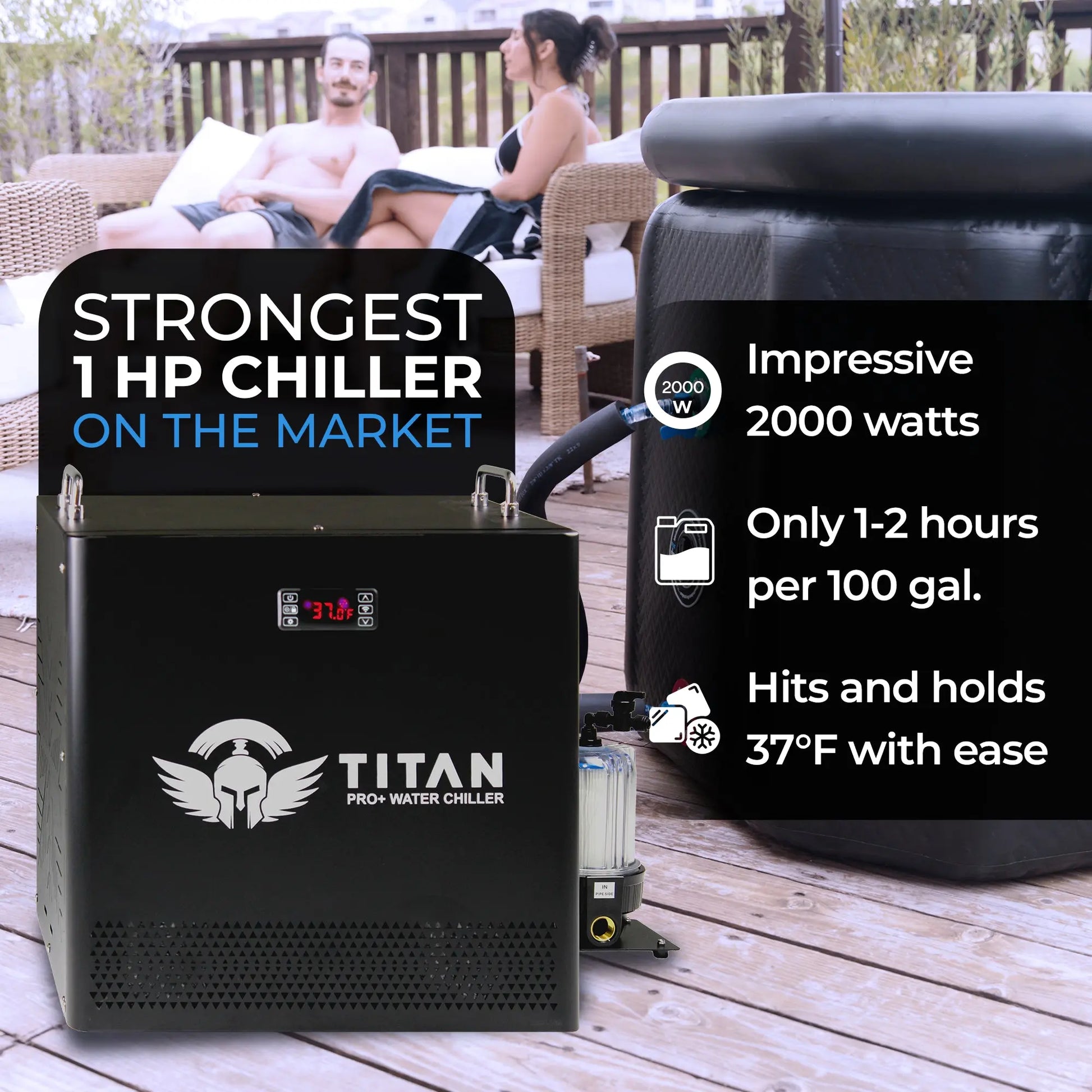 1 HP cold plunge chiller connected to ice bath showing powerful 2605 watt cooling performance and fast temperature drop to 37°F
