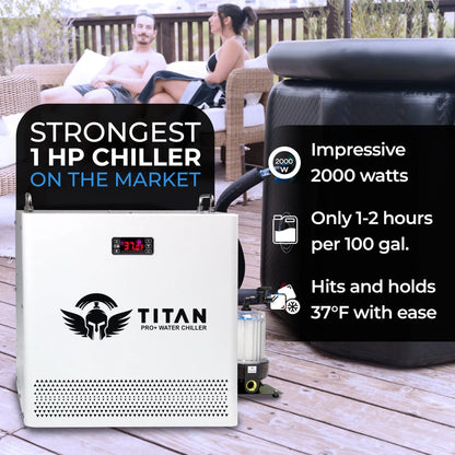 1 HP white cold plunge chiller connected to ice bath showing 2605 watt cooling performance and fast temperature drop to 37°F
