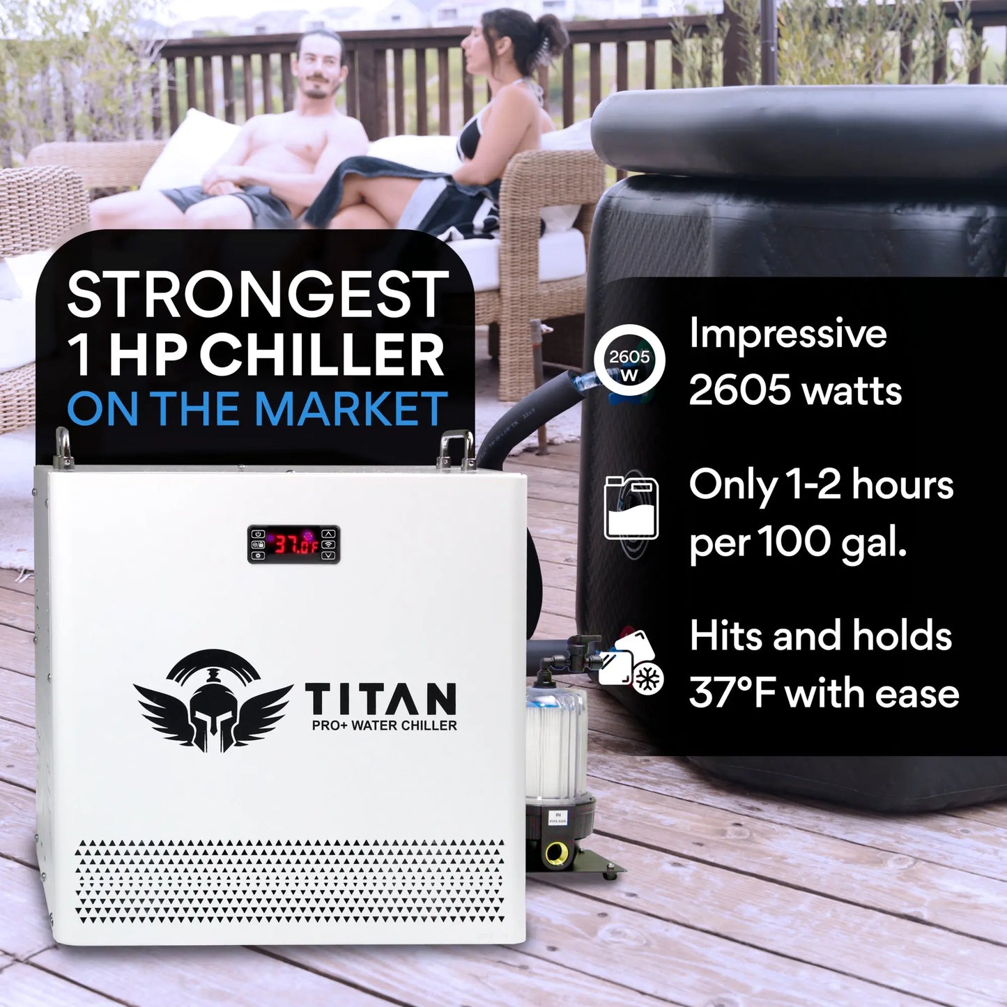 1 HP white cold plunge chiller connected to ice bath showing 2605 watt cooling performance and fast temperature drop to 37°F