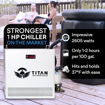 1 HP white cold plunge chiller connected to ice bath showing 2605 watt cooling performance and fast temperature drop to 37°F