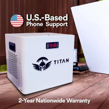 1/3 HP cold plunge chiller with digital temperature display highlighting warranty and US based support Titan system