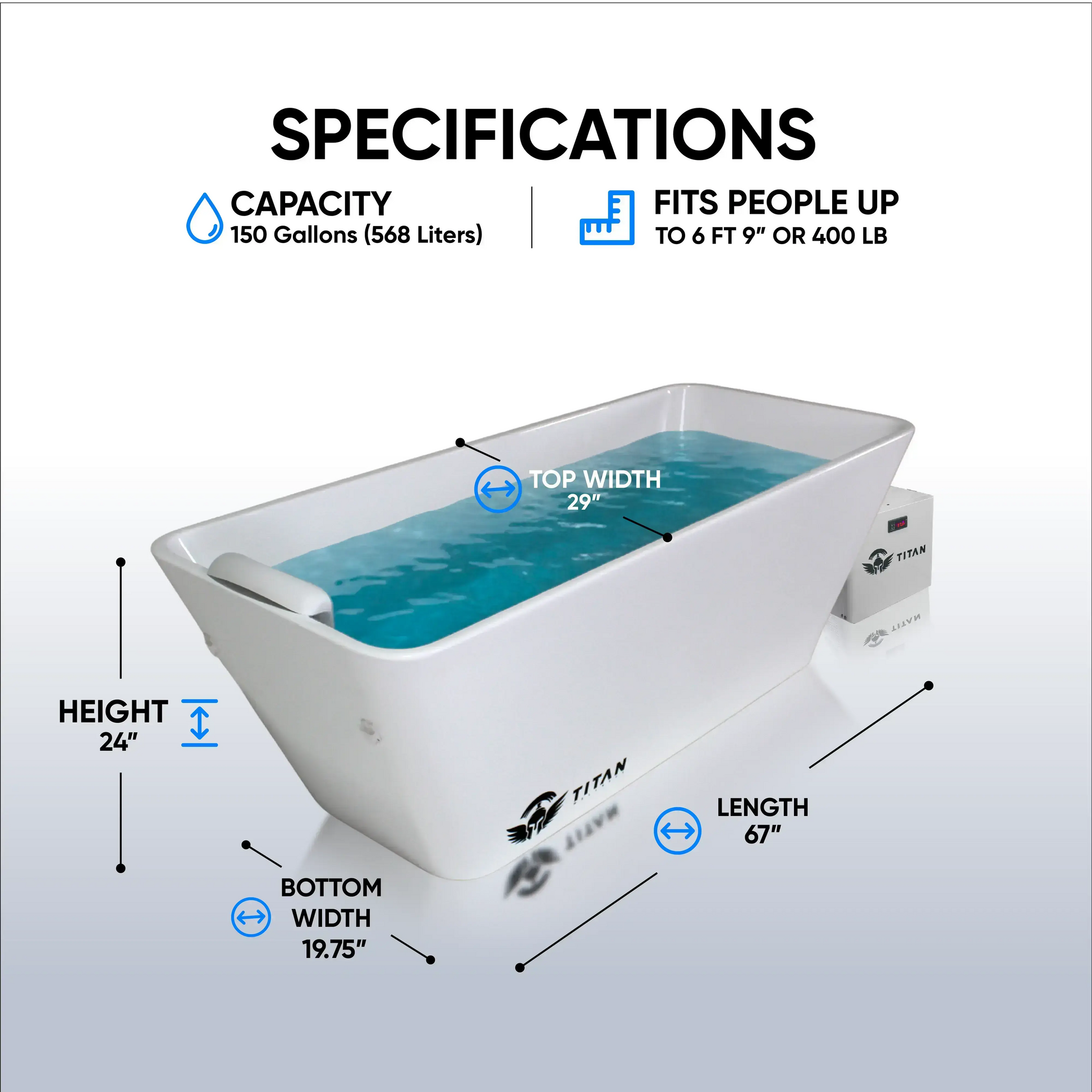 Apex acrylic cold plunge tub dimensions and specifications showing size capacity and full body immersion design
