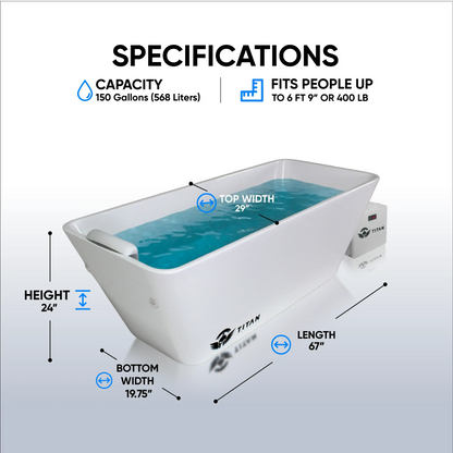 Apex acrylic cold plunge tub dimensions and specifications showing size capacity and full body immersion design