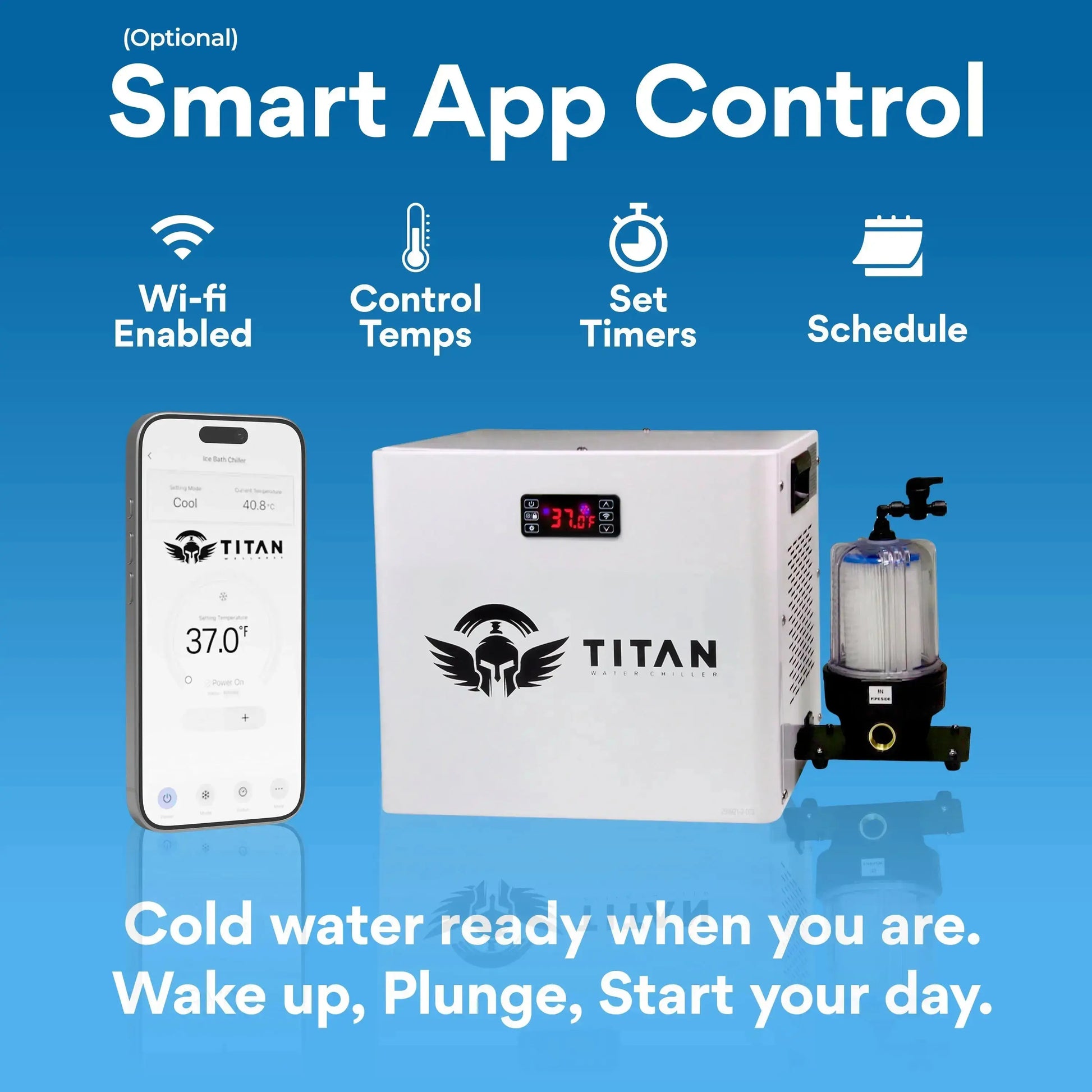Cold plunge chiller with smart app control showing temperature settings scheduling and WiFi connectivity Titan system