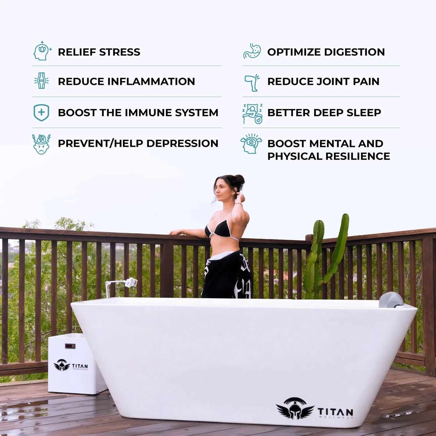 Arctic White Woman standing next to Apex acrylic cold plunge tub outdoors highlighting health benefits like recovery stress relief and sleep