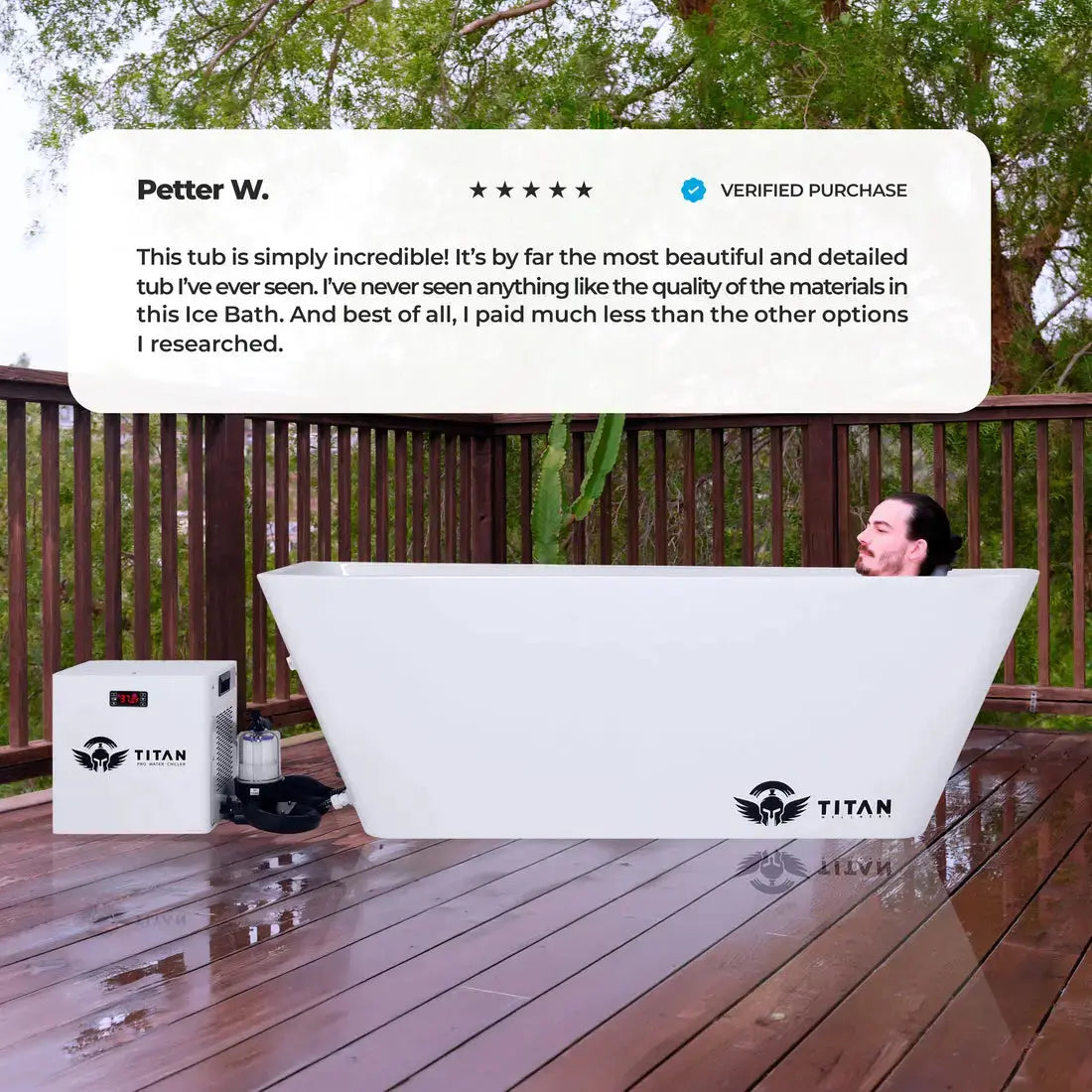 Man using Apex acrylic cold plunge tub outdoors with chiller on wooden deck showing real customer experience