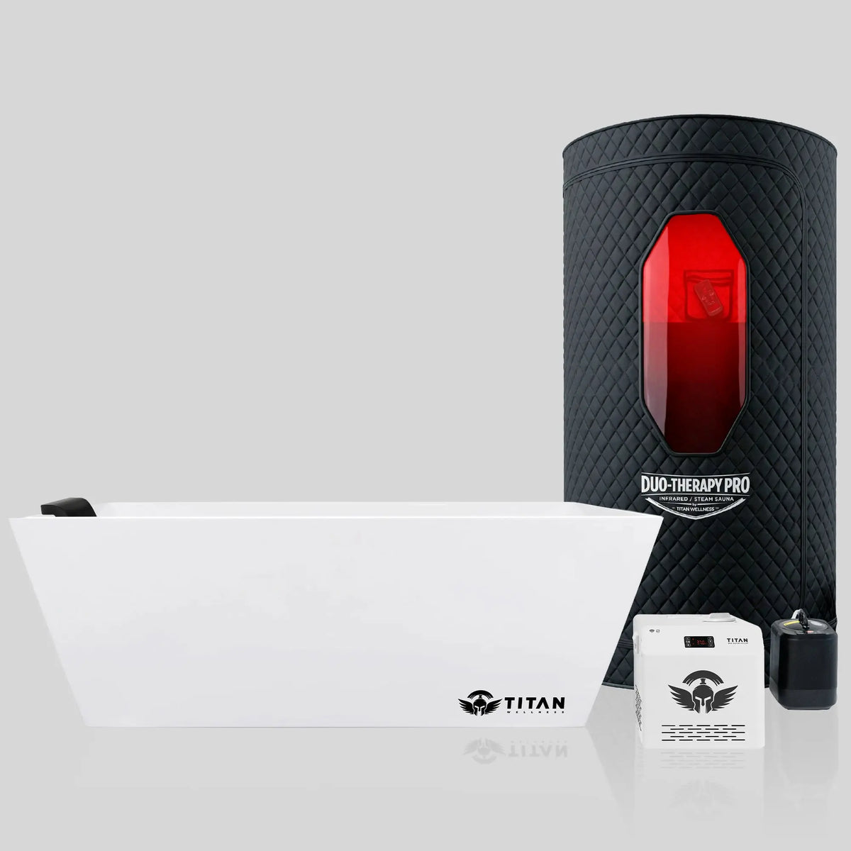 Titan Wellness Duo-Therapy Pro contrast therapy bundle featuring a premium white Apex acrylic cold plunge tub, a matching white water chiller, and a portable infrared steam sauna.