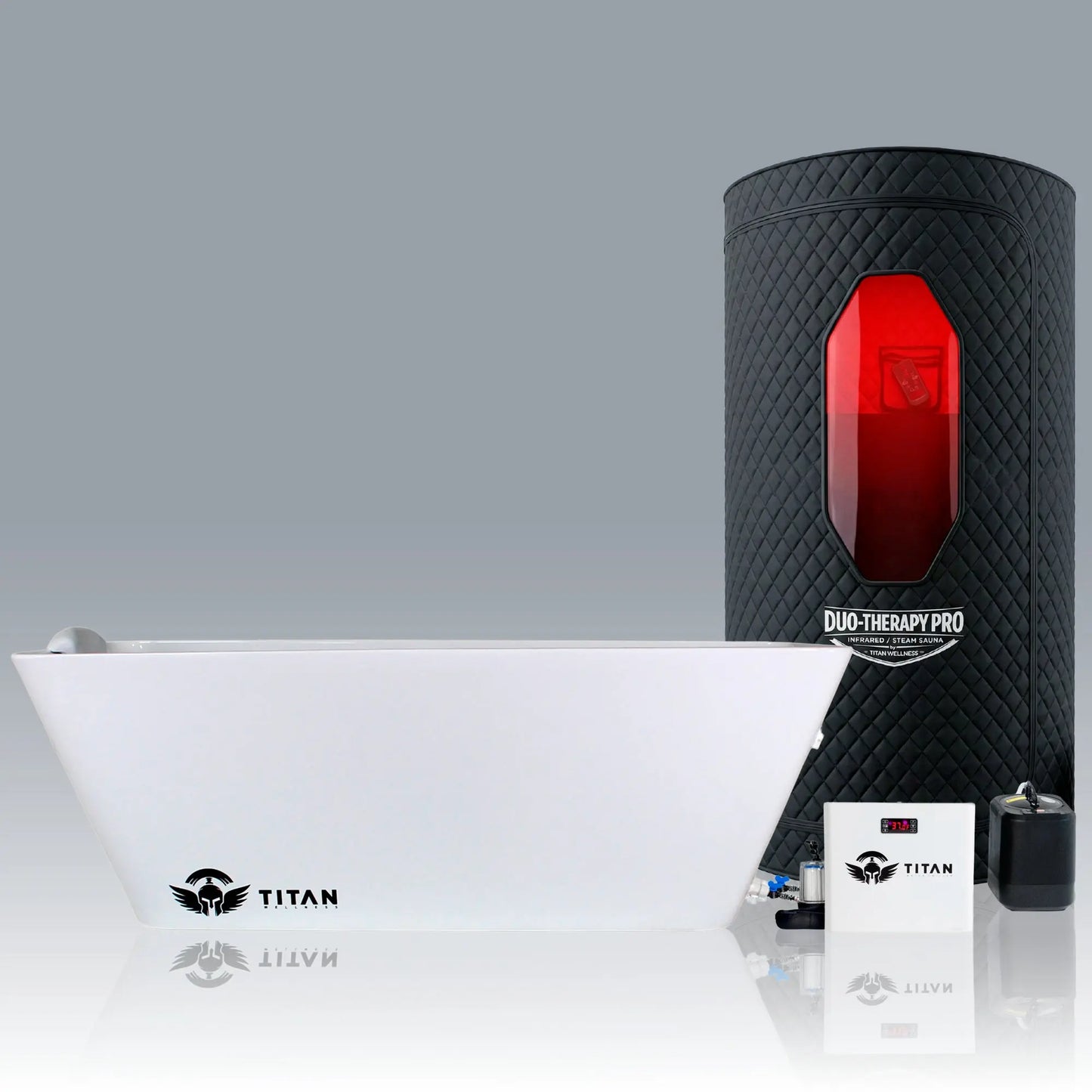 Titan Wellness Duo-Therapy Pro contrast therapy bundle featuring a premium white Apex acrylic cold plunge tub, a matching white water chiller, and a portable infrared steam sauna.