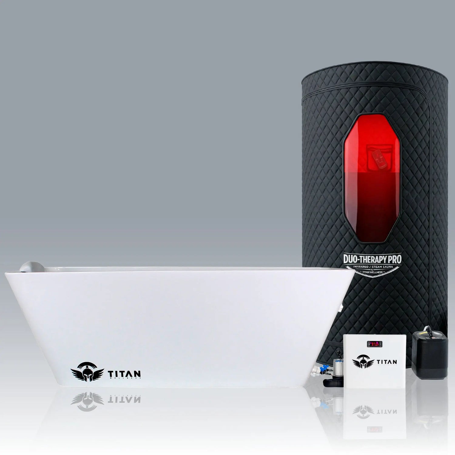 Titan Wellness Duo-Therapy Pro contrast therapy bundle featuring a premium white Apex acrylic cold plunge tub, a matching white water chiller, and a portable infrared steam sauna.