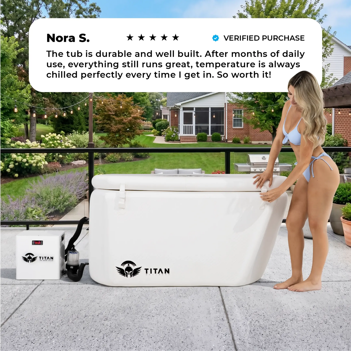 Woman secures the insulated lid on a white Titan Wellness Arctic Triumph cold plunge tub. A Titan water chiller connects to the home ice bath setup on an outdoor residential patio.