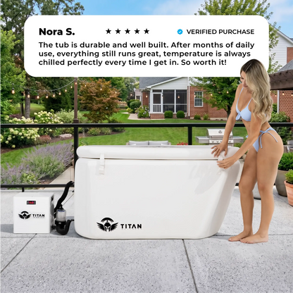 Woman secures the insulated lid on a white Titan Wellness Arctic Triumph cold plunge tub. A Titan water chiller connects to the home ice bath setup on an outdoor residential patio.