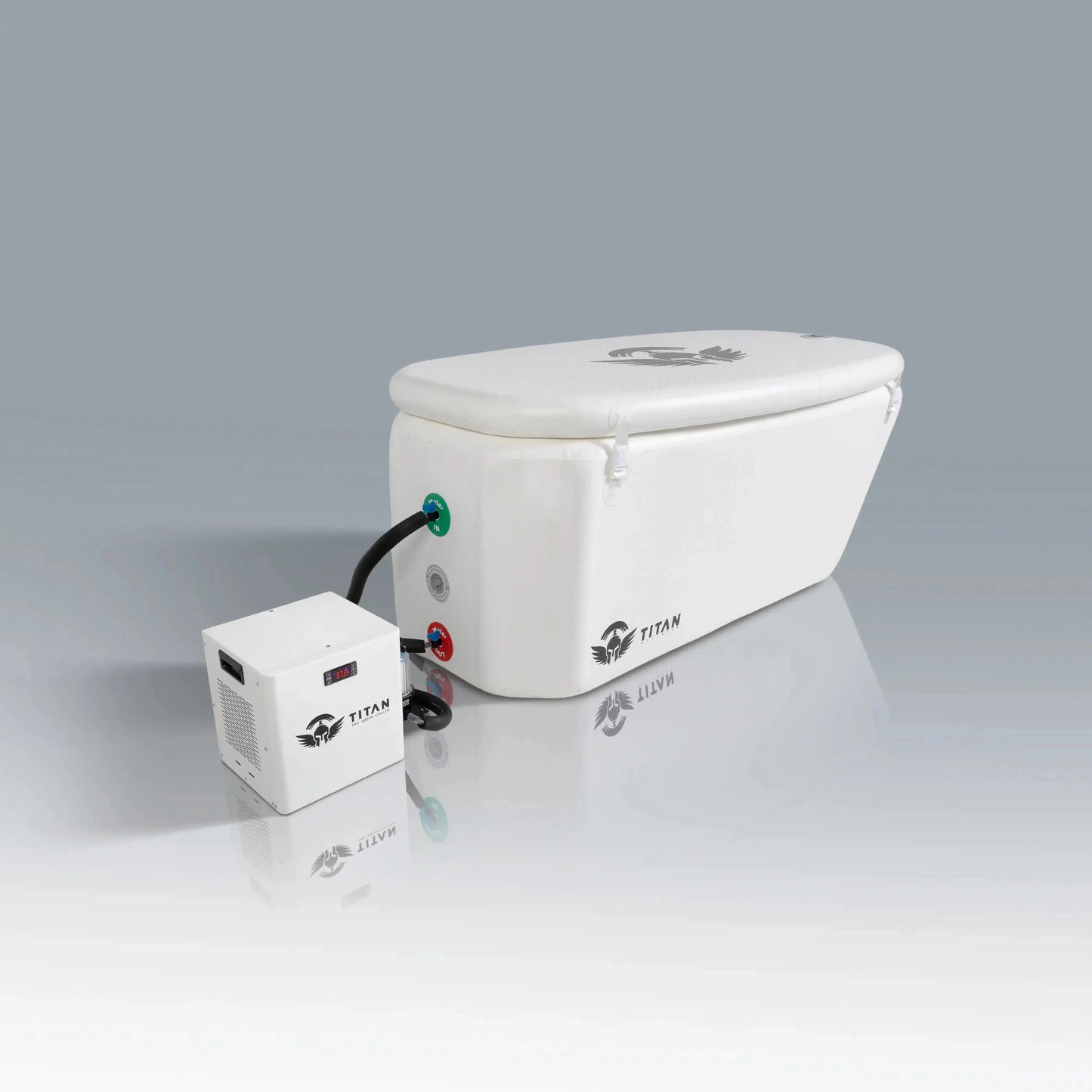Arctic Triumph XL inflatable cold plunge tub connected to a 1/3 HP chiller for full body ice bath recovery