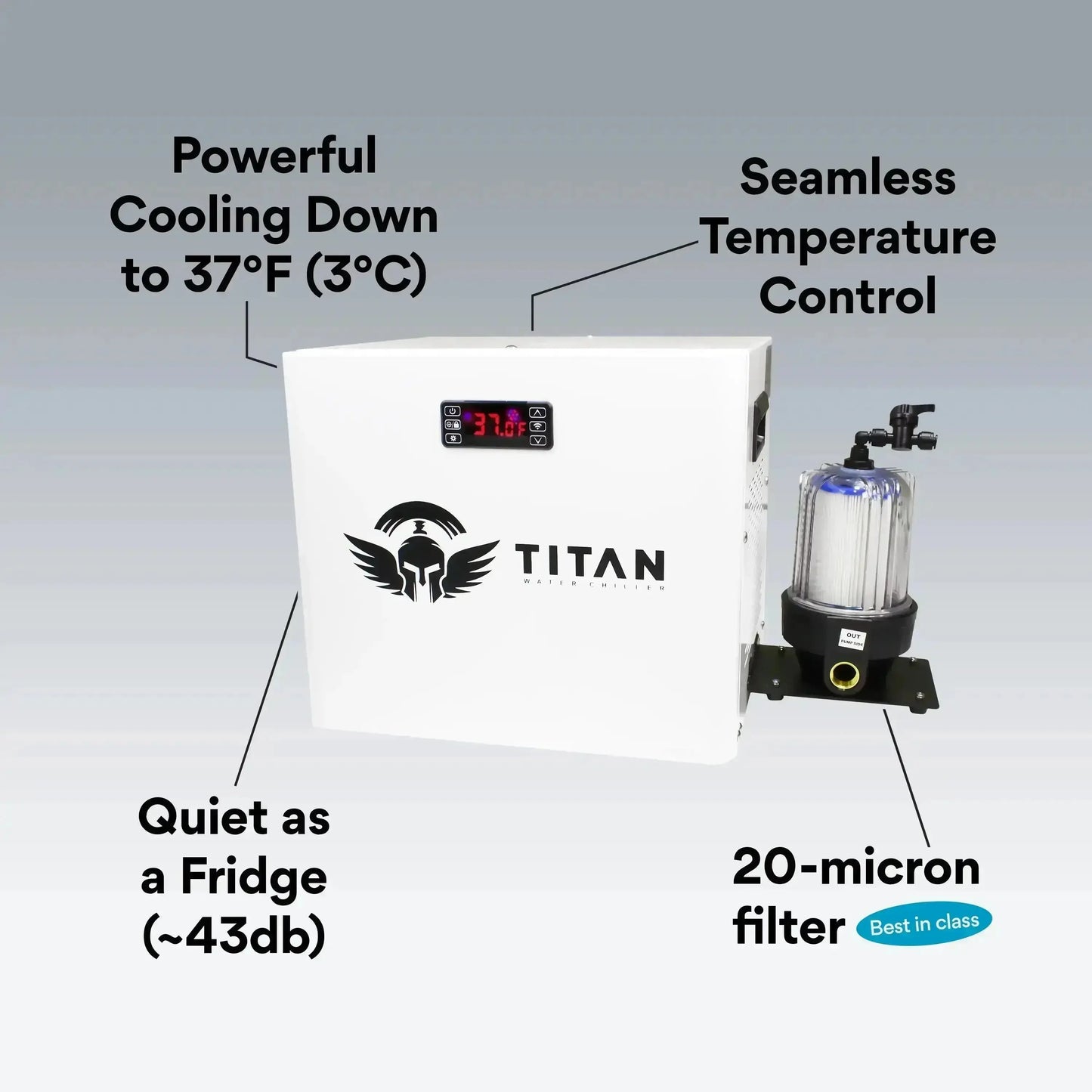 Cold plunge chiller system with powerful cooling to 37 degrees quiet operation and 20 micron filtration Titan