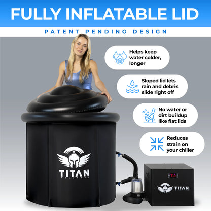 Woman lifting the sloped lid off a black Titan Wellness Bravo XL cold plunge tub connected to a Titan water chiller for home ice bath recovery.