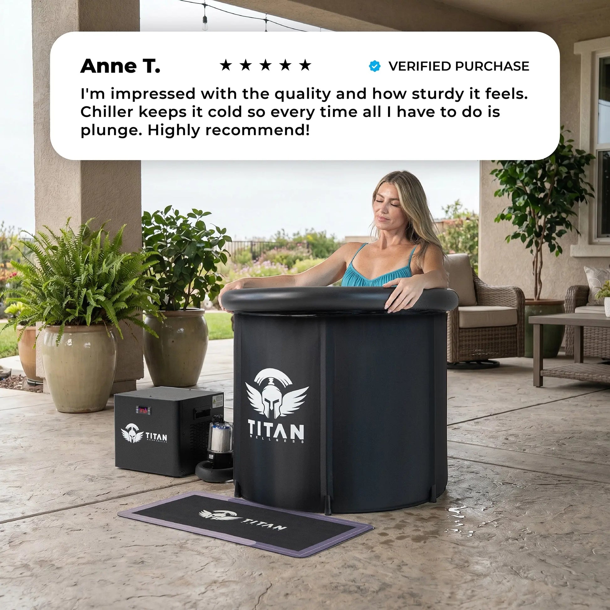 A woman using the Titan Wellness Bravo cold plunge tub and water chiller bundle on an outdoor patio, overlaid with a 5-star customer review praising its quality and temperature consistency.