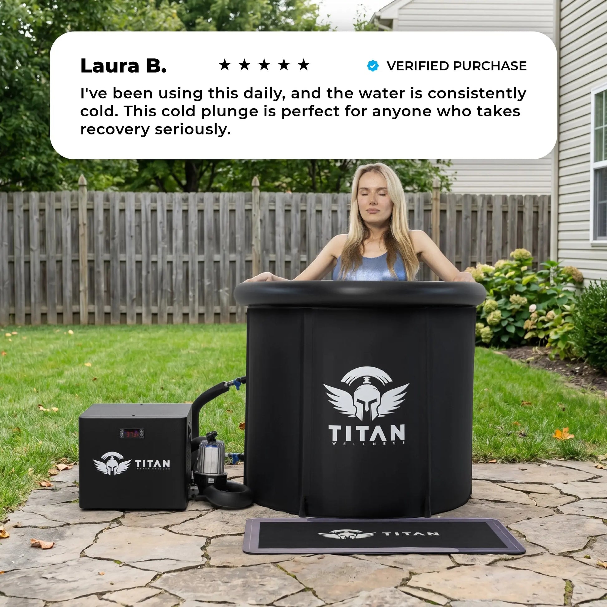Titan Wellness Bravo cold plunge tub and water chiller bundle setup in a backyard, featuring a 5-star customer review overlay from a verified buyer praising its daily performance.