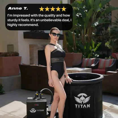 Customer 5 star review overlay with woman in black swimsuit beside Titan Bravo cold plunge and chiller on outdoor patio