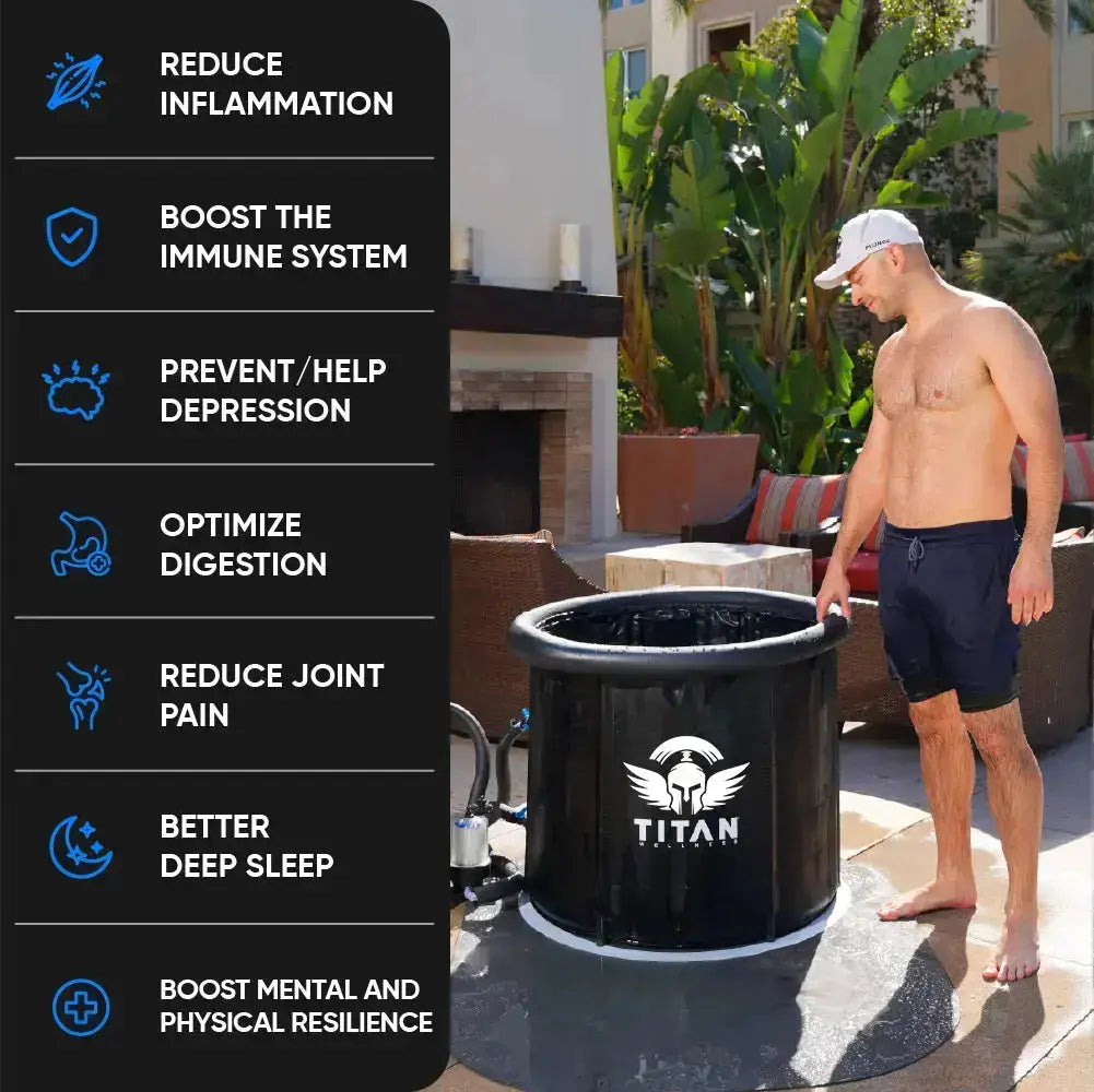Man beside Titan Bravo ice bath on outdoor patio, benefits panel highlights reduced inflammation, immune boost, joint pain relief and better sleep