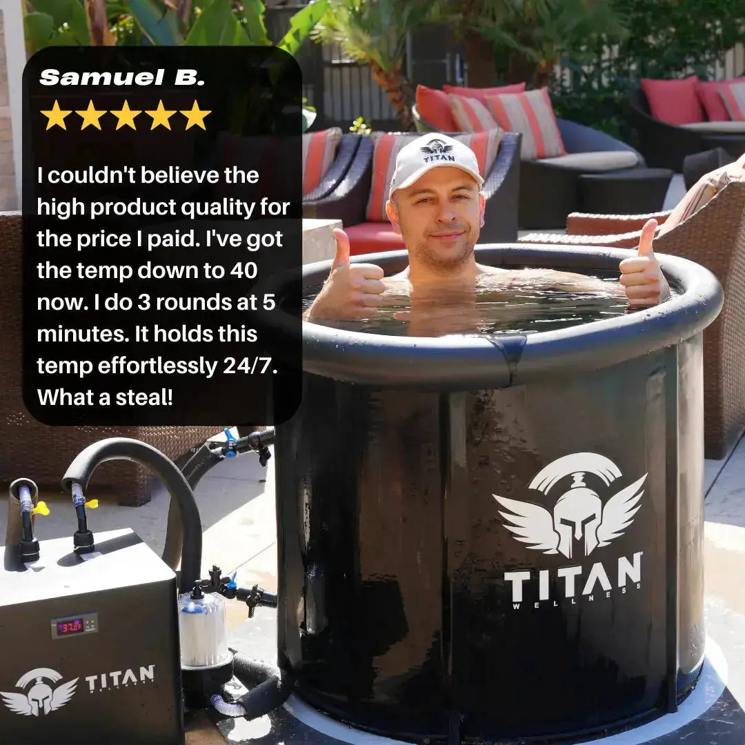 Customer 5 star review overlay with man giving thumbs up inside Titan Bravo cold plunge, chiller with digital display and inline filter on outdoor patio