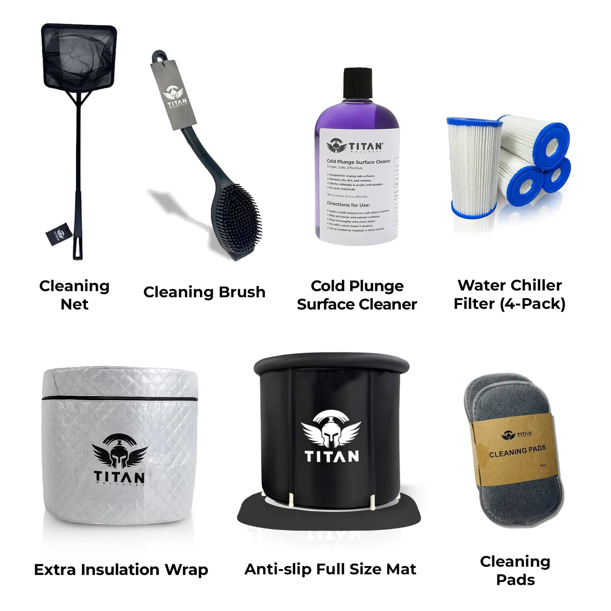 Collection of Titan Wellness cold plunge maintenance accessories, featuring a cleaning net, scrub brush, surface cleaner bottle, water chiller filter 4-pack, large anti-slip mat, and cleaning pads for proper home ice bath care.