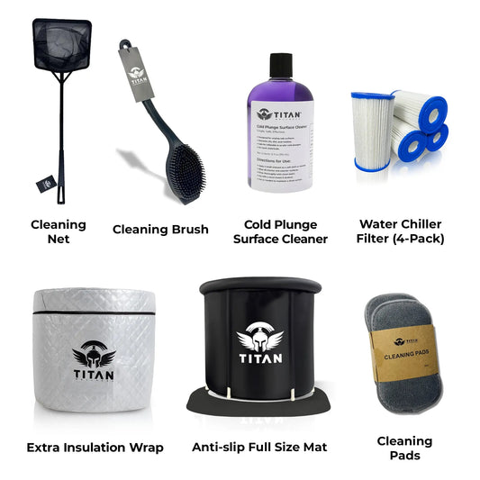 Collection of Titan Wellness cold plunge maintenance accessories, featuring a cleaning net, scrub brush, surface cleaner bottle, water chiller filter 4-pack, large anti-slip mat, and cleaning pads for proper home ice bath care.