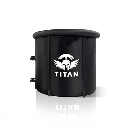 Titan Bravo cold plunge tub, round black portable ice bath, front view with Titan logo and reinforced insulated walls