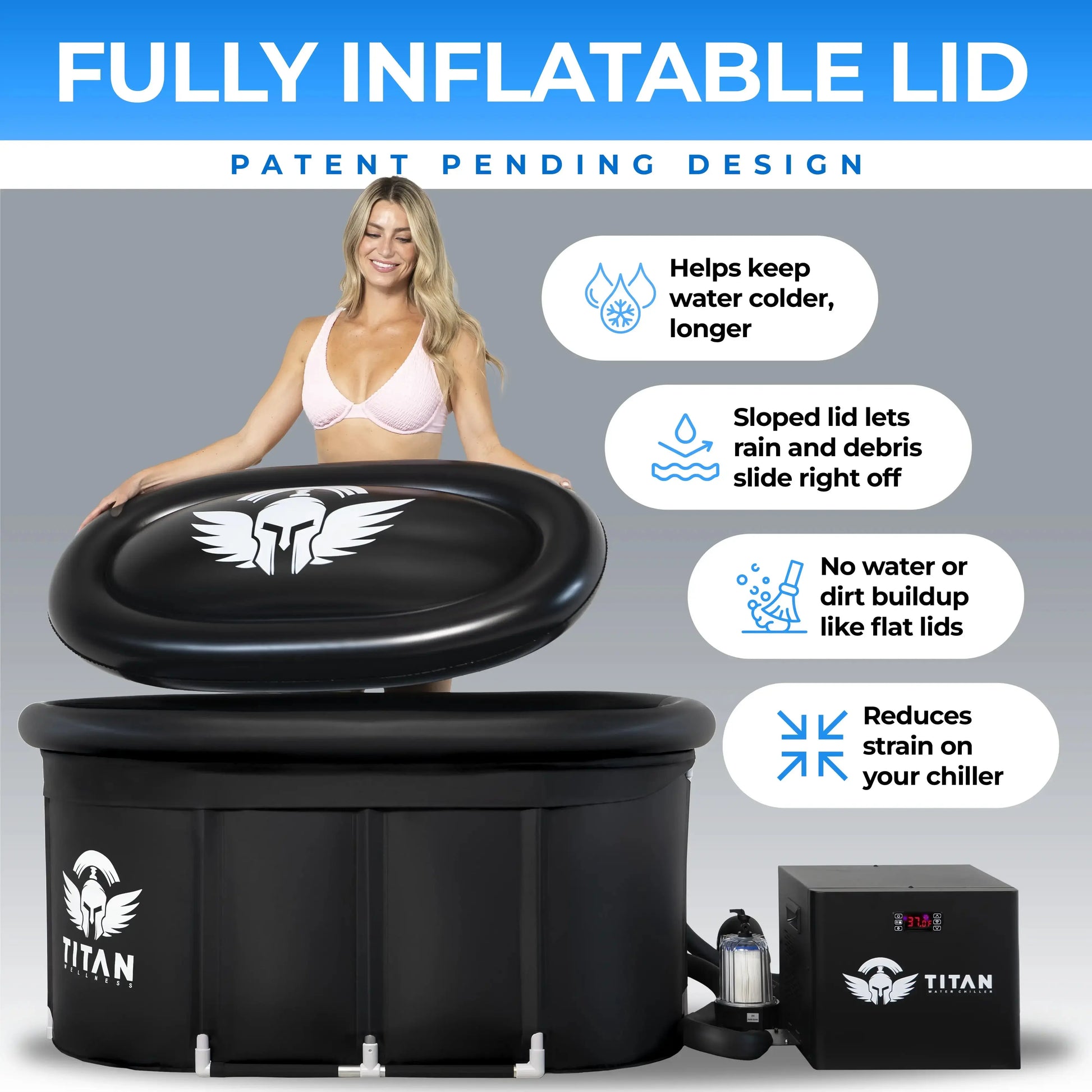 A woman lifts a fully inflatable black lid off a Titan Wellness Bravo XL cold plunge tub. A black Titan water chiller connects to the right side of the tub. Graphic text highlights the patent pending sloped lid design. The sloped shape lets rain and debris slide off. It prevents water and dirt buildup. It keeps water colder for longer. This design reduces strain on the chiller system.